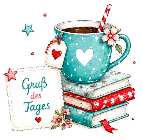 Illustration: Eine türkise Tasse mit Herz auf einem Stapel bunter Bücher, daneben ein Zettel mit der Aufschrift „Gruß des Tages“
