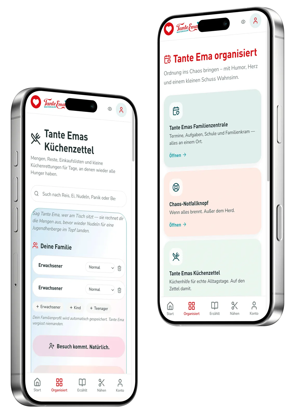 Zwei Smartphones mit der Tante Ema App – Küchenzettel und Familienzentrale