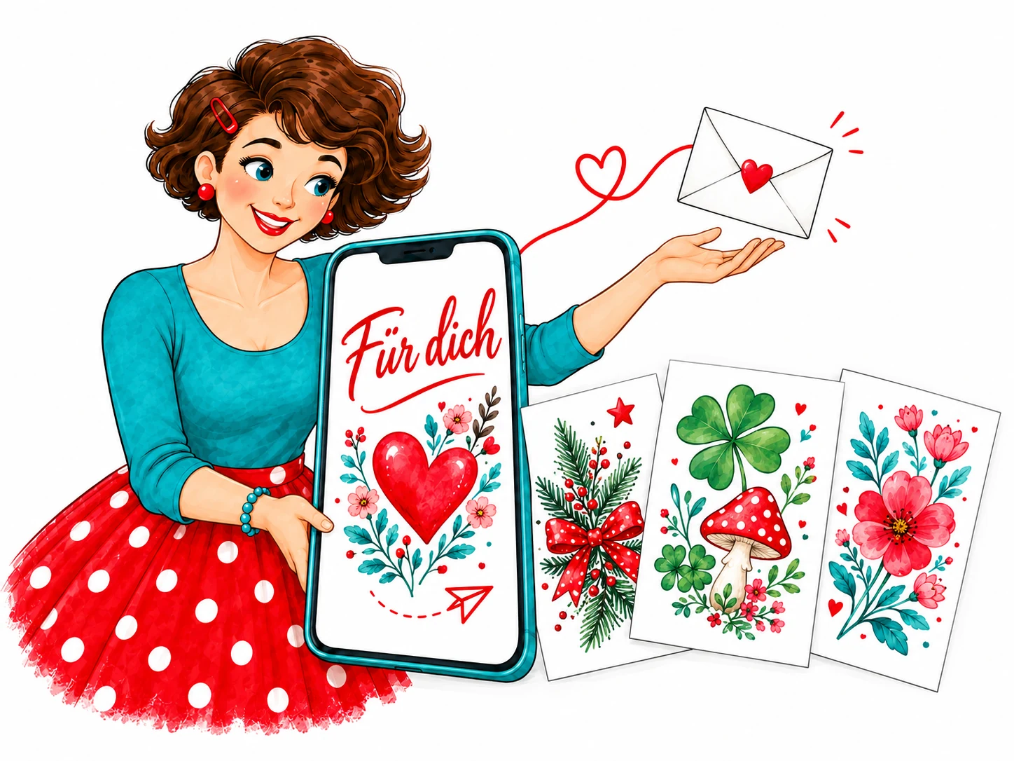 Tante Ema verschickt liebe Grüße mit dem Smartphone und persönlichen Grußkarten